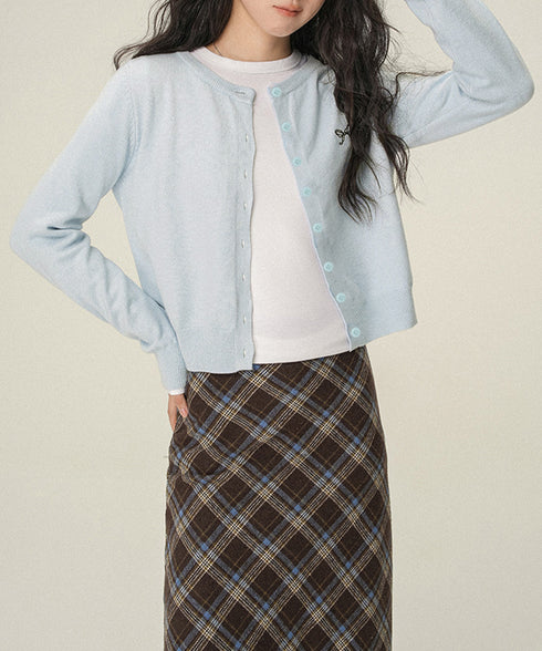 ワンポイントカーディガン リボン刺しゅう ニットトップス レディース 前開き ニットアウター クルーネック ニットセーター 韓国風 カジュアル ニット羽織 着回し 24TPS-052